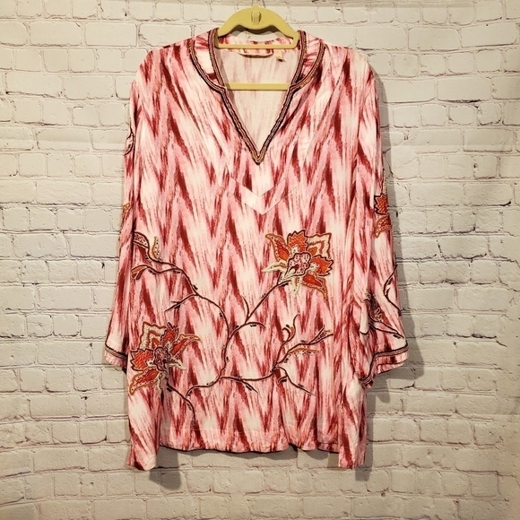SOFT SURROUNDINGS ALTEA FLORAL PINK EMBROIDERED BEADED TUNIC - Picture 1 of 11